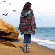 Boho Patchwork Kimono Jacket – Sahara Weave Mystic Indigo, Fleece Hood, Plus Size Festival Coat - Image 8