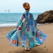 Plus Size Quilted Silk Kimono Duster: Glacier Prism Patchwork Robe - Ember - Image 9
