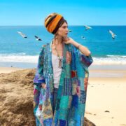 Plus Size Quilted Silk Kimono Duster: Glacier Prism Patchwork Robe - Ember - Image 10
