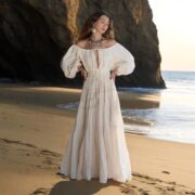Handmade Boho Cotton Maxi Dress: Off-Shoulder Crinkle Beach Wedding Gown - Mira
