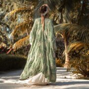 Handmade Crochet Embroidered Kimono Duster – Sage Green Flora Maxi - Image 3