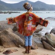 Boho Patchwork Silk Kimono Jacket: Sunfire Mosaic Quilted Artwear Robe - Mei - Image 3