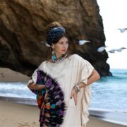 Handmade Tie-Dye Kaftan Dress: Beige Rainbow Fan, Ruffle Maxi Gown - Ema - Image 8
