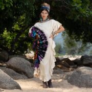 Handmade Tie-Dye Kaftan Dress: Beige Rainbow Fan, Ruffle Maxi Gown - Ema