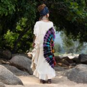 Handmade Tie-Dye Kaftan Dress: Beige Rainbow Fan, Ruffle Maxi Gown - Ema - Image 3