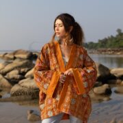 Plus Size Embroidered Velvet Kimono: Saffron Bloom Boho Jacket - Mei - Image 4