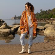 Plus Size Embroidered Velvet Kimono: Saffron Bloom Boho Jacket - Mei