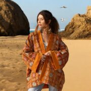 Plus Size Embroidered Velvet Kimono: Saffron Bloom Boho Jacket - Mei - Image 8