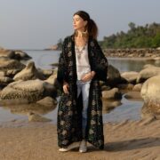 Plus Size Velvet Kimono Duster: Embroidered Boho Festival Coat - Harper jade