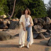 Plus Size Velvet Kimono Duster: Boho Lace Jacket, Mooncream Dune - Misty