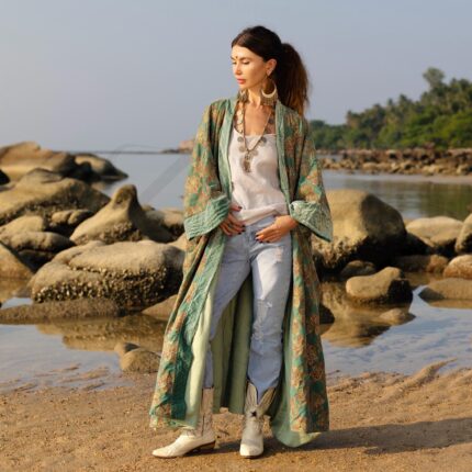 Plus Size Velvet Kimono Duster: Embroidered Floral Boho Coat - Harper jade