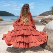 Boho Ruffled Cotton Gauze Kimono: Terracotta Flame Bali Jacket - Bali - Image 3