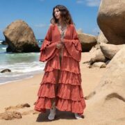 Boho Ruffled Cotton Gauze Kimono: Terracotta Flame Bali Jacket - Bali - Image 7