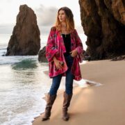 Boho Velvet Kimono Duster – Mei in Wild Fuchsia Floral | Plus Size Jacket - Image 2