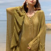 Sheer Cotton Kaftan Dress: Boho Ruffle Kimono Robe, Sunlit Moss Cover Up - Ondine - Image 6