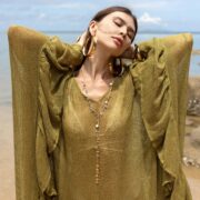 Sheer Cotton Kaftan Dress: Boho Ruffle Kimono Robe, Sunlit Moss Cover Up - Ondine - Image 5