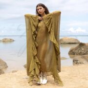 Sheer Cotton Kaftan Dress: Boho Ruffle Kimono Robe, Sunlit Moss Cover Up - Ondine