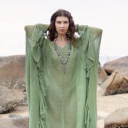 Sheer Cotton Kaftan Dress: Mist Jade Green Boho Ruffle Kimono Robe - Ondine - Image 5
