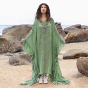 Sheer Cotton Kaftan Dress: Mist Jade Green Boho Ruffle Kimono Robe - Ondine