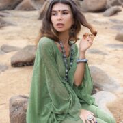 Sheer Cotton Kaftan Dress: Mist Jade Green Boho Ruffle Kimono Robe - Ondine - Image 4