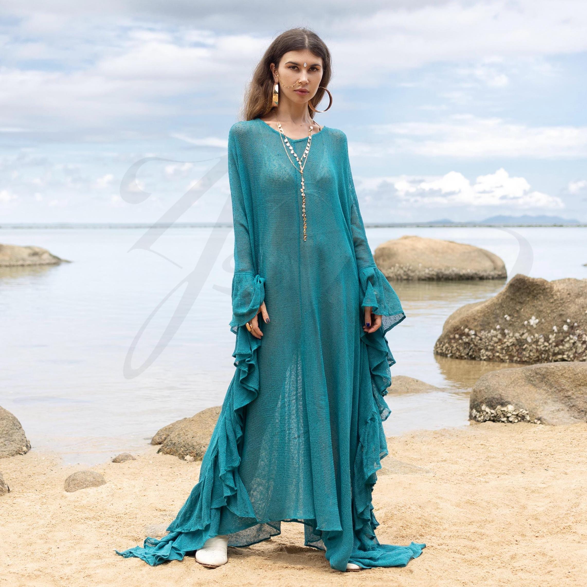 il_fullxfull.6881412664_9ri1.jpg Boho Mesh Kaftan Dress – Ondine in Ocean Mirage | Sheer Cotton Gauze Beach Cover-Up, Flowy Ruffle Festival Kimono, Resort Goddess Wear - Image 1