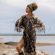 Boho Tie Dye Fringe Tunic – Arlo Noir Ripple Cotton Kaftan Dress, Handmade Festival Poncho, Plus Size Beach Cover Up Outfit by ZinniaPearl - Image 4