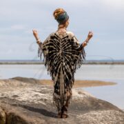 Boho Tie Dye Fringe Tunic – Arlo Noir Ripple Cotton Kaftan Dress, Handmade Festival Poncho, Plus Size Beach Cover Up Outfit by ZinniaPearl - Image 3