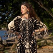 Boho Tie Dye Fringe Tunic – Arlo Noir Ripple Cotton Kaftan Dress, Handmade Festival Poncho, Plus Size Beach Cover Up Outfit by ZinniaPearl - Image 10