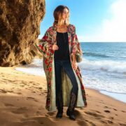 Plus Size Velvet Kimono Duster: Sage Ember Mandala Boho Robe - Mai