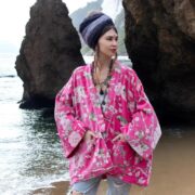 Rosewater Pink Velvet Kimono Robe: Boho Floral Cotton Jacket - Mei - Image 4