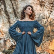 Boho Wedding Dress: Moonshadow Blue Cotton Off-Shoulder Maxi Gown - Lucia - Image 10