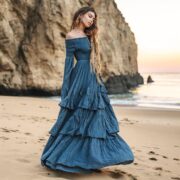 Boho Wedding Dress: Moonshadow Blue Cotton Off-Shoulder Maxi Gown - Lucia