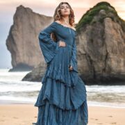 Boho Wedding Dress: Moonshadow Blue Cotton Off-Shoulder Maxi Gown - Lucia - Image 2