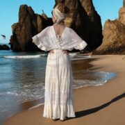 Boho Cream Lace Maxi Dress: Cotton Kaftan Gown, Bridal Beach Cover Up - Lunette - Image 8