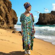 Handmade Tie-Dye Cotton Kaftan Maxi Dress: Ocean Mirage Boho Beach Cover-Up - Nora - Image 7
