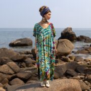 Handmade Tie-Dye Cotton Kaftan Maxi Dress: Ocean Mirage Boho Beach Cover-Up - Nora