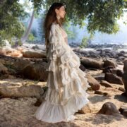 Boho Bridal Robe: Cream Ruffle Raw Cotton Kimono Duster - Solara - Image 2