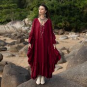 Plus Size Boho Kaftan Maxi Dress: Garnet Rose Lace Trim Rayon Gown. Wild Heart