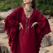 Plus Size Boho Kaftan Maxi Dress: Garnet Rose Lace Trim Rayon Gown. Wild Heart - Image 6