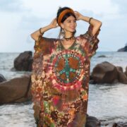 Plus Size Tie Dye Kaftan Dress: Boho Peace Sign Cotton Tunic - Mystic - Image 4