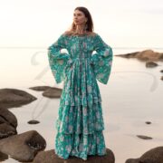 Aqua Bloom Cotton Maxi Dress: Boho Off-Shoulder Floral Gown - Lucia
