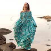 Aqua Bloom Cotton Maxi Dress: Boho Off-Shoulder Floral Gown - Lucia - Image 4