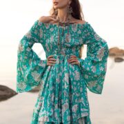Aqua Bloom Cotton Maxi Dress: Boho Off-Shoulder Floral Gown - Lucia - Image 6