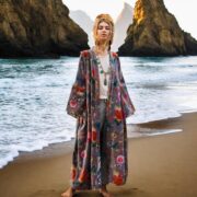 Plus Size Velvet Kimono Duster: Dusky Floral, Handmade Cotton Robe - Mai - Image 7