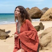 Boho Ruffled Cotton Gauze Kimono: Terracotta Flame Bali Jacket - Bali - Image 10