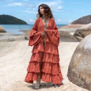 Boho Ruffled Cotton Gauze Kimono: Terracotta Flame Bali Jacket - Bali