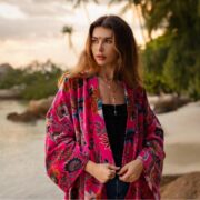 Boho Velvet Kimono Duster – Mei in Wild Fuchsia Floral | Plus Size Jacket - Image 5