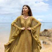 Sheer Cotton Kaftan Dress: Boho Ruffle Kimono Robe, Sunlit Moss Cover Up - Ondine - Image 4