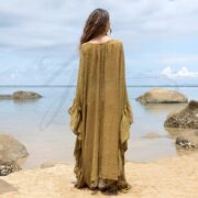 Sheer Cotton Kaftan Dress: Boho Ruffle Kimono Robe, Sunlit Moss Cover Up - Ondine - Image 3