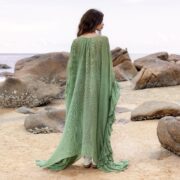 Sheer Cotton Kaftan Dress: Mist Jade Green Boho Ruffle Kimono Robe - Ondine - Image 3